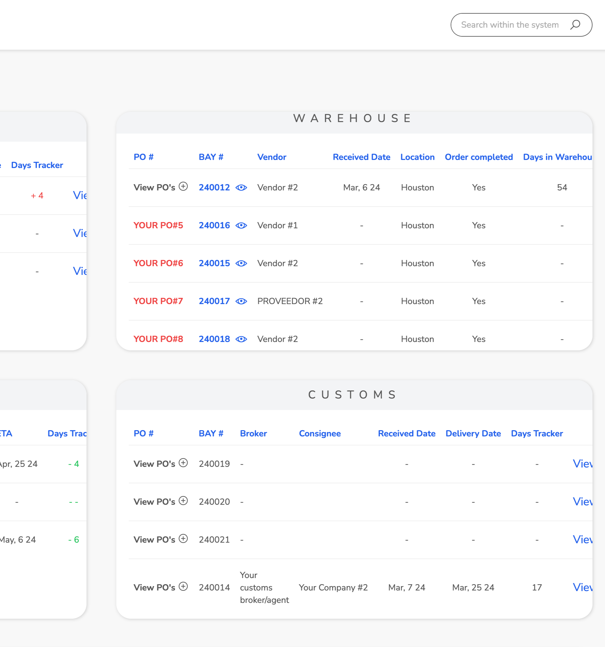 Image of the product interface showing the home page with the four main sections clearly identified.